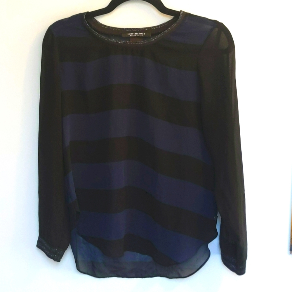 Scotch And Soda Sheer Black and Blue Striped Blouse